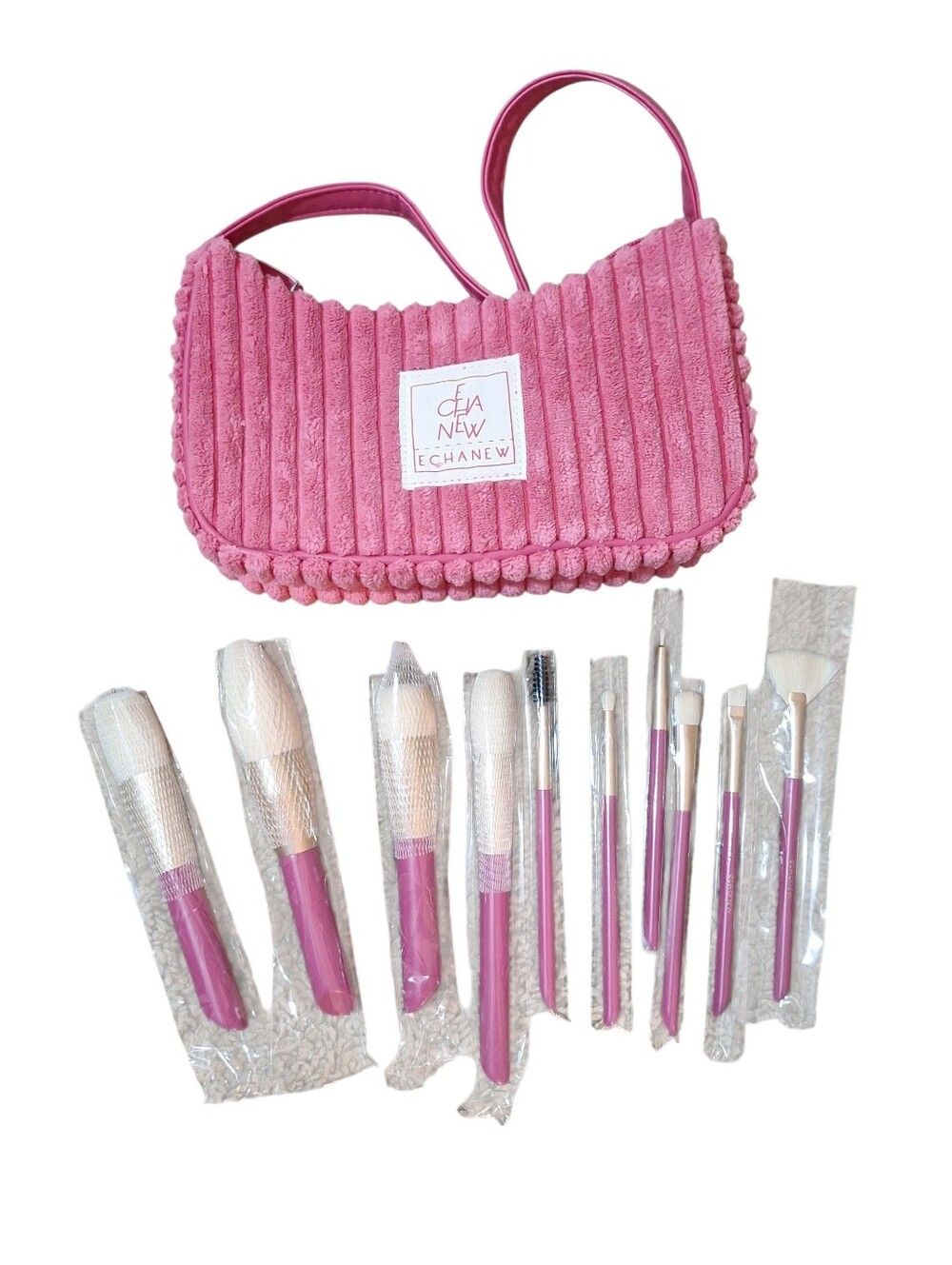 NWT ECHANEW 10-Piece Pink Makeup Brush Set with Corduroy Shoulder Bag
